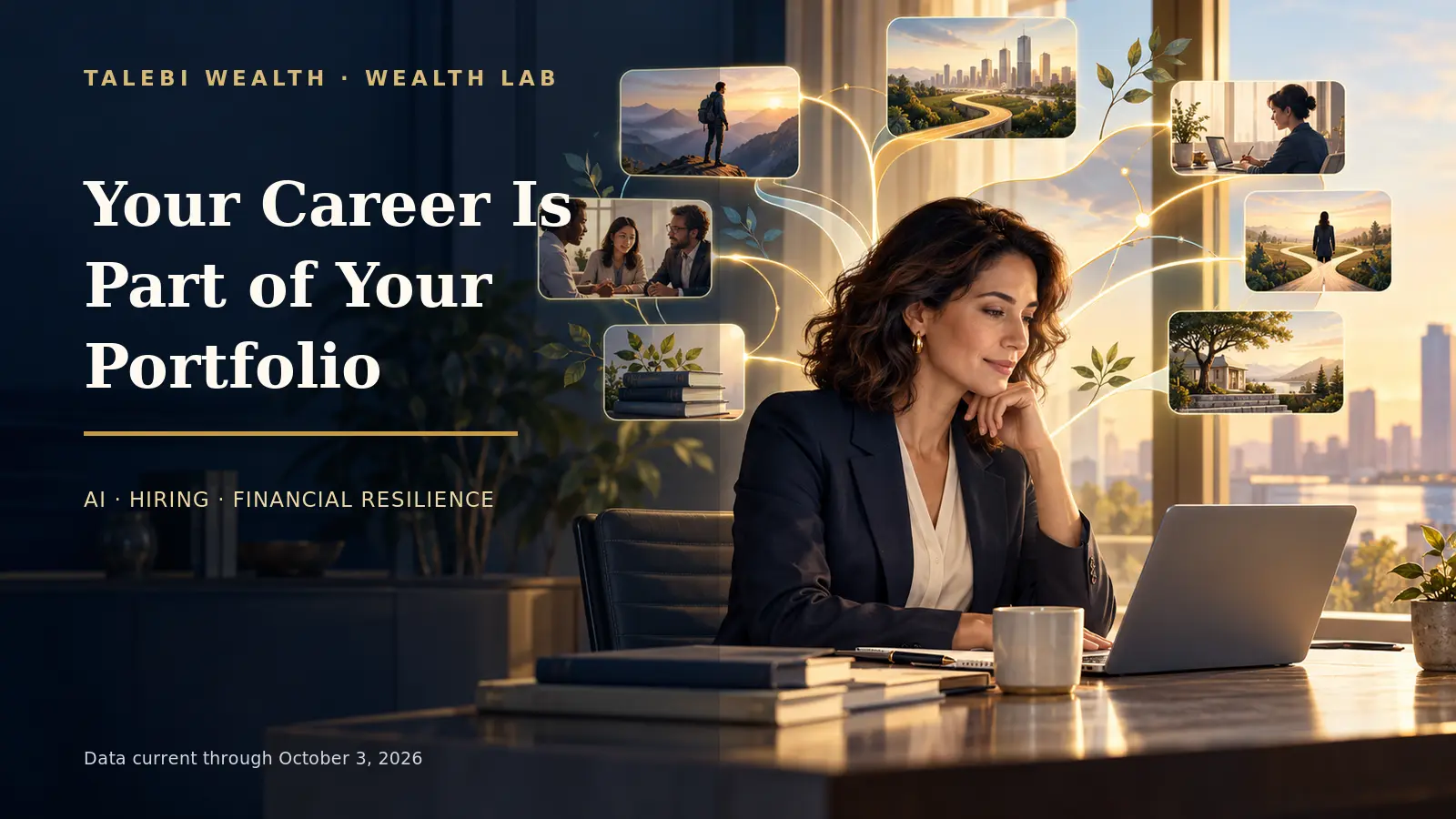 A professional considering several connected career paths, representing human expertise, artificial intelligence, and financial resilience.