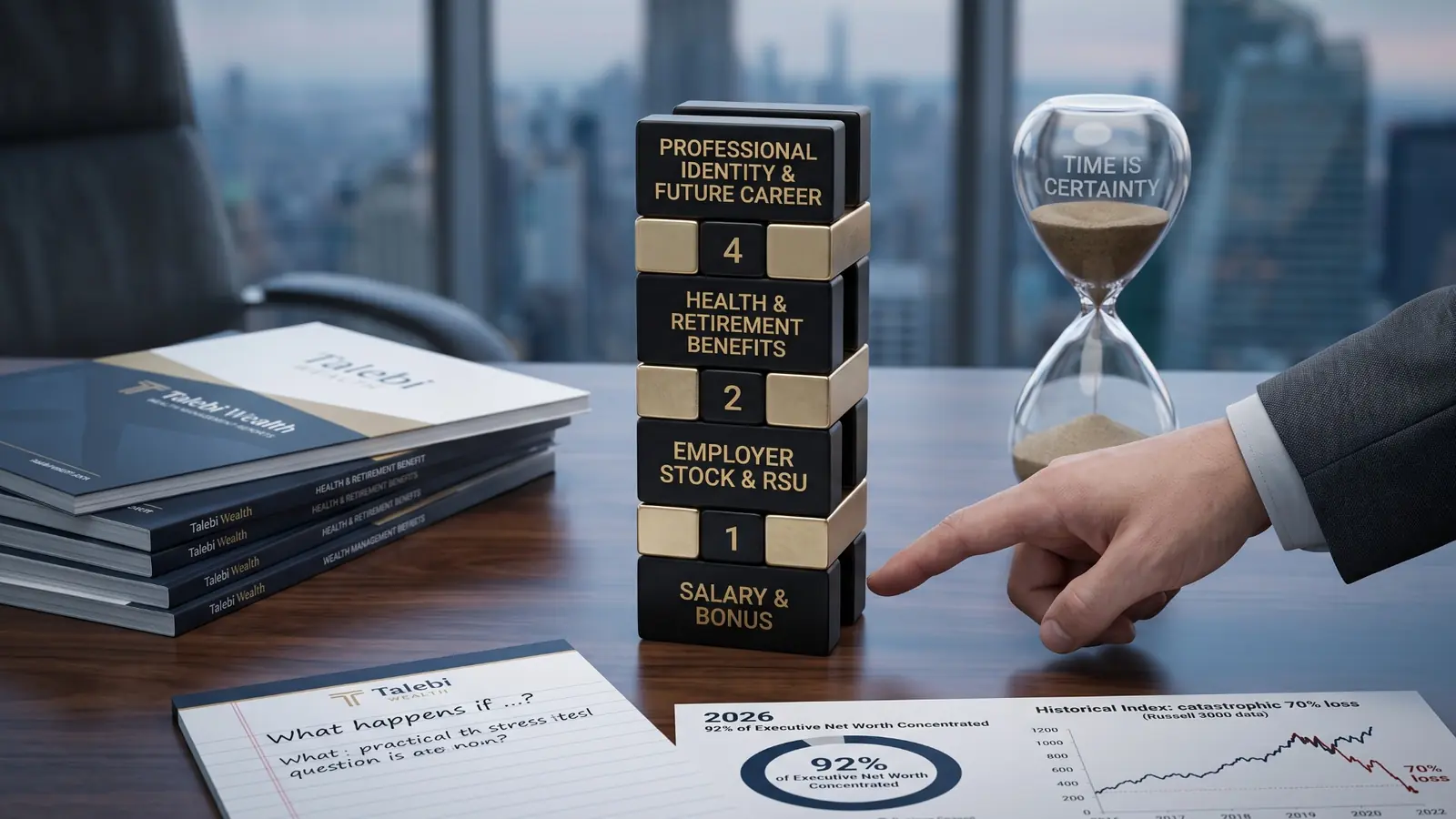 A professional’s salary, company stock, benefits, and career connected to one employer, illustrating concentration risk.